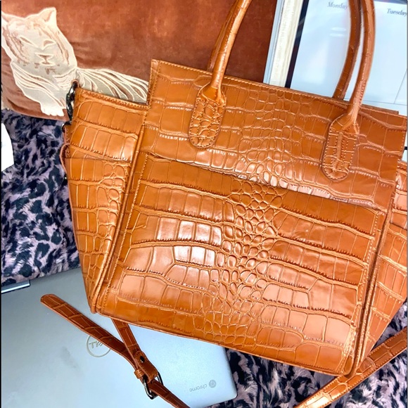 NWT- ORLI Croc Embossed Cognac Shoulder Bag